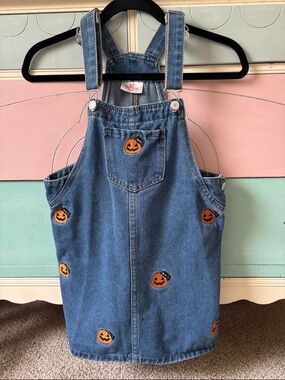 Ruffle Girl Denim Jumper with Pumpkin Black Cat Embroidery - Girls Size 5